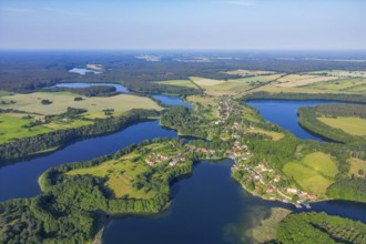 Aerial view, drone photo: Carwitz village between Lake Carwitz, Dreetzsee and Schmaler Luzin