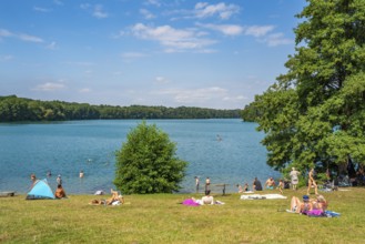 Bathers and bathers at the bathing area in Lake Schmaler Luzin, Carwitz, Feldberger Seenlandschaft,