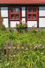 Farmhouse with blooming garden, Carwitz, Feldberg Lake District, Mecklenburg Lake District in