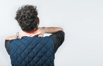 Concept of people with stress and neck pain. Close up of person with neck pain