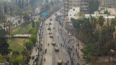 Aleppo, Syria â€“ December 08, 2025: Aerial shots capture the Syrian Army and Public Security