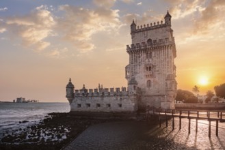 Belem Tower or Tower of St Vincent - famous tourist landmark of Lisboa and tourism attraction - on