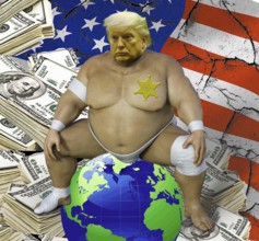 Symbolic image, sumo wrestler Donald sits in the world, USA for Trump self-service shop, Trump