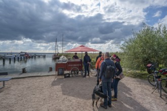 People queue at a fish stand for a fish sandwich, in the port of Wustow, Mecklenburg-Western