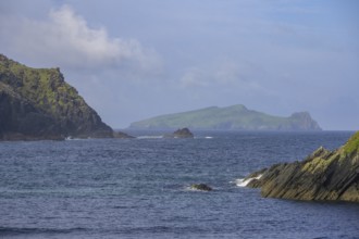 View from Clogher beach to Inishtooskert Island (sleeping Giant), Ballyferriter, Kerry, Ireland