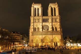 Notre dame cathedral stands illuminated, showing its prominent gothic architecture and intricate