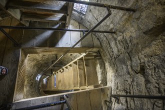 Steep wooden stairs in the round tower, St. Canice's Cathedral, Kilkenny, County Kilkenny, Ireland