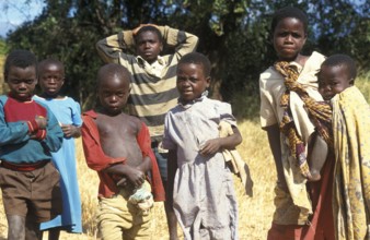 Children posing for the camera on the side of the road, Bwangu Mzimba, Malawi, Africa, June 2000,