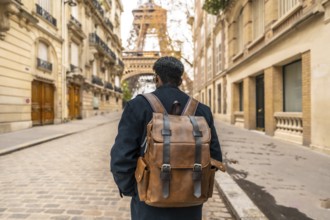 Male tourist wearing a backpack walking on a cobblestone street in paris, experiencing travel and
