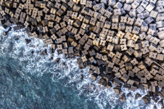 Aerial view, breakwater on the coast, Madeira, Portugal
