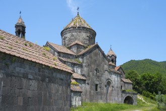 Old monastery building with stone structures and dome in front of a green mountain landscape,