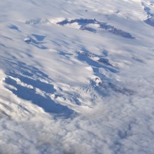 View of glaciers, structures, rocks in ice, snowfields, aerial view, Icelandic highlands, Iceland