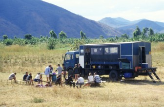 Participants of an overland safari during their lunch break, Malawi, Africa, June 2000, vintage,