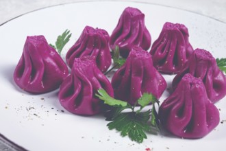 Beetroot khinkali, mini khinkali, purple, Georgian cuisine, no people
