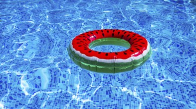 A bright ring-a float, with a watermelon, in the clear blue water of the pool, under the sunlight