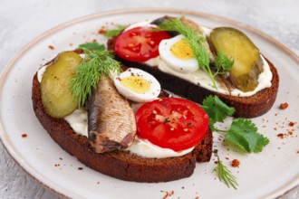 Sandwiches on rye bread, with sprats, quail eggs, fresh tomatoes and pickled cucumber, appetizer,