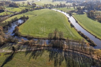 Aerial view, river Aller east of Celle, stream surrounded by meadows, Celle, Lower Saxony, Germany
