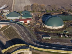 Aerial view of construction site, new bridge is build as part of bypass road, Celle, Germany