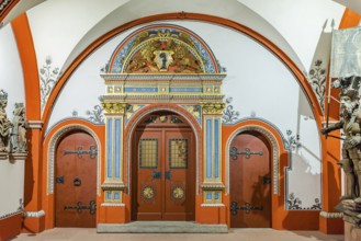 Arcades with antique wooden doors, City Hall, Basel