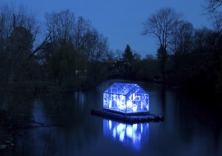 The river Lippe with the artwork Arche by Christoph Hildebrand at night, Lichtpromenade Lippstadt,