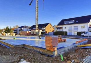 Construction site with finished cast foundation for an apartment building, Lippstadt, North