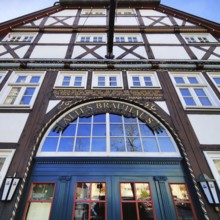 Beautiful door detail on the half-timbered Altes brewhouse in the historic city center of