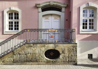 House detail, faÃ§ade with staircase and entrance door, Old Town, Lippstadt, North