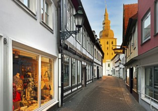 Great St. Mary's Church at sunrise at the end of Gasse Helle Halle, Lippstadt, North
