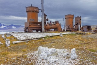 Steam engine at abandoned marble quarry Camp Mansfield, Ny London near Ny-Alesund,