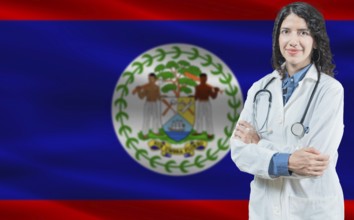 Belizean medicine and healthcare concept. Doctor close up against Belize flag background
