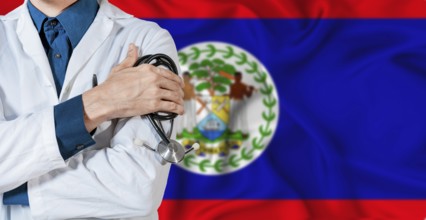 Belize National healthcare. Male doctor on Belizean flag. Doctor with crossed arms on Belize flag