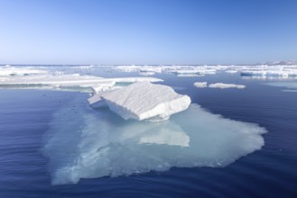 Ice floe among drift ice showing underwater much larger underside in clear sea water of the Arctic