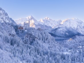 View of Neuschwanstein Castle in a vast, snowy mountain landscape. Impressive winter panorama,