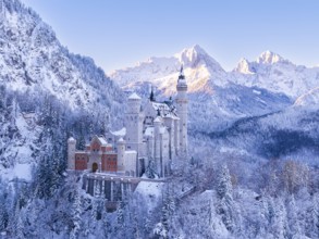 Snowy Neuschwanstein Castle against an impressive mountain backdrop. A winter fairy tale picture,