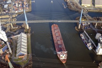 Ore freighter, Köhlbrand bridge, new building, demolition, ship, trade ship, freighter, bulk,