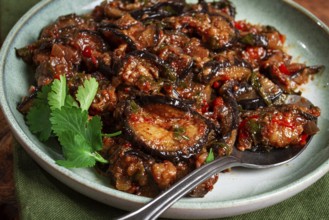 Meat with eggplant, Georgian dish, homemade, no people