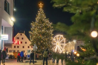 A large festively illuminated Christmas tree and a Ferris wheel light up the night, Christmas
