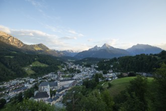 City of Berchtesgaden at sunset from the Lockstein view with alpine panorama in summer.