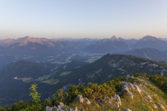 At the Berchtesgaden High Throne in summer at sunset, view of Watzmann. Untersberg, Berchtesgadener