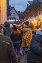 Visitors to a busy market stroll through festive lighting, Aidlingen Christmas Market, Böblingen