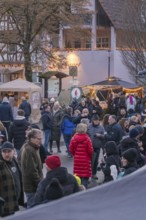 Lively Christmas market with crowds and illuminated stands, Aidlingen Christmas market, Böblingen