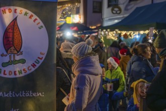 Visitors stroll through a brightly lit and festively decorated Christmas market with children,