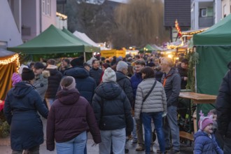 A crowd of people moves through a Christmas market with brightly decorated stalls, Aidlingen
