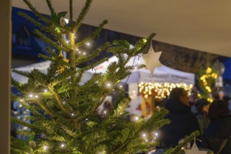 Fairy lights on a Christmas tree with a blurred Christmas market in the background, Aidlingen