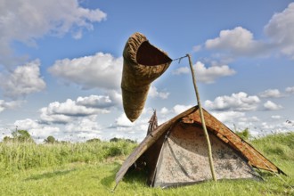 Camp of a nature photographer, pictorial representation of wind, windsock, Peenetal nature park