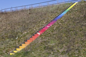 Rainbow staircase near Jarmen an der Peene, stylized rainbow flag, symbol of the LGBTQ movement,