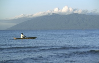 Man in dugout, Malawi Sea, Kande, Malawi, Africa, July 2000, vintage, retro, old, historic