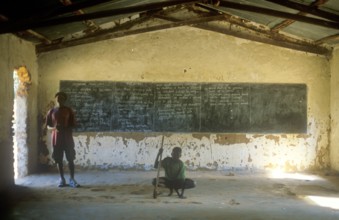 School in a village near Kande on Lake Malawi, Malawi, Africa, July 2000, vintage, retro, old,