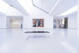 Bright, minimalistic gallery with large paintings and a bench in modern style, Open Horizons