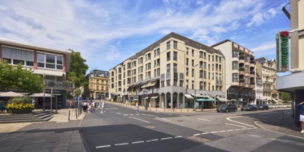 General architecture, residential and commercial buildings, pedestrian zone, barrier bollards,